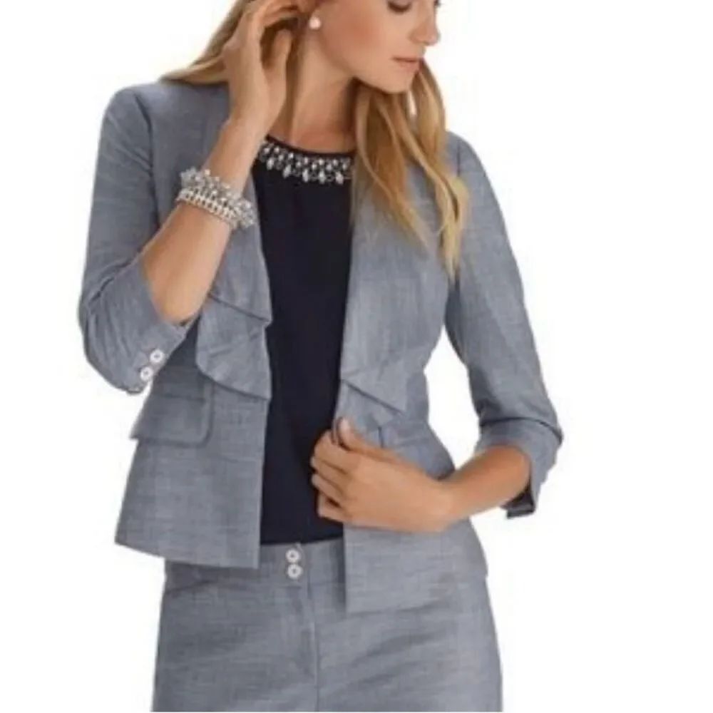 ✨White House Black Market Drape Ruffle Sz 4 Marled Blue Jacket Blazer✨